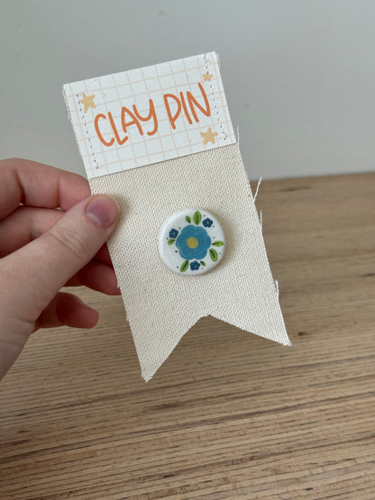 Clay Pin - Blue Flowers